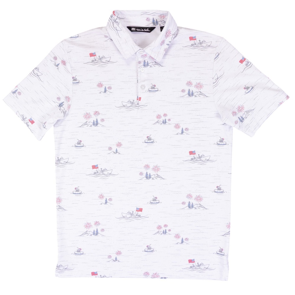 Travis Mathew Polo Mens S White Cotton Blend Nautical Boat July 4 Fireworks Golf